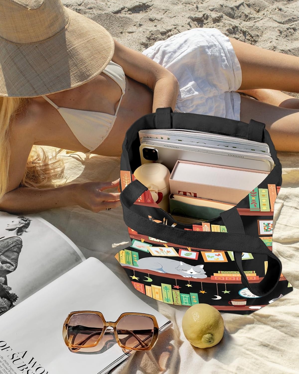 image:imageMiss Adola Aesthetic Canvas Tote Bag Reusable Shoulder Tote Bag for Women Lady Casual Vacation Shopping Work GymBookshelf Cats