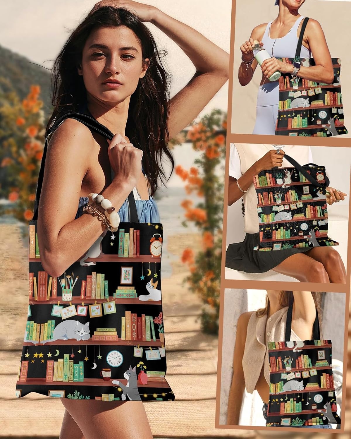 image:imageMiss Adola Aesthetic Canvas Tote Bag Reusable Shoulder Tote Bag for Women Lady Casual Vacation Shopping Work GymBookshelf Cats