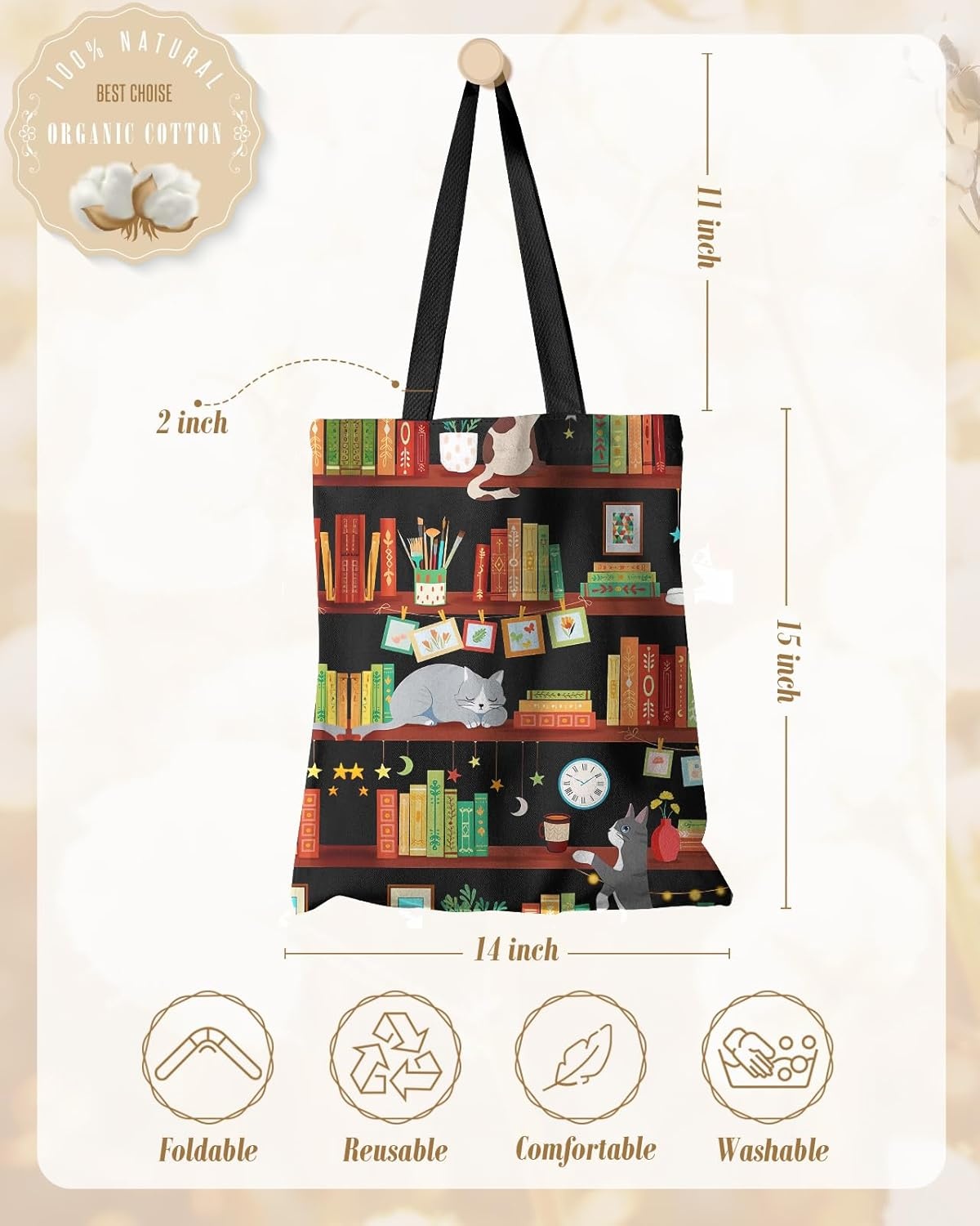 image:imageMiss Adola Aesthetic Canvas Tote Bag Reusable Shoulder Tote Bag for Women Lady Casual Vacation Shopping Work GymBookshelf Cats