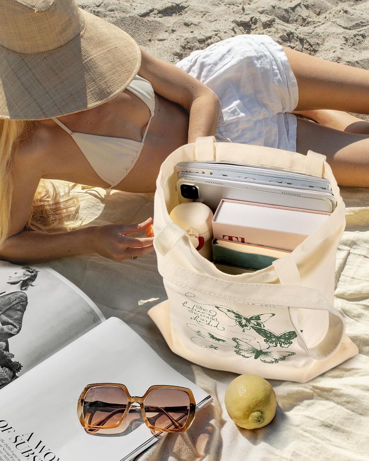 image:imageMiss Adola Aesthetic Canvas Tote Bag Reusable Shoulder Tote Bag for Women Lady Casual Vacation Shopping Work GymButterfly Verse