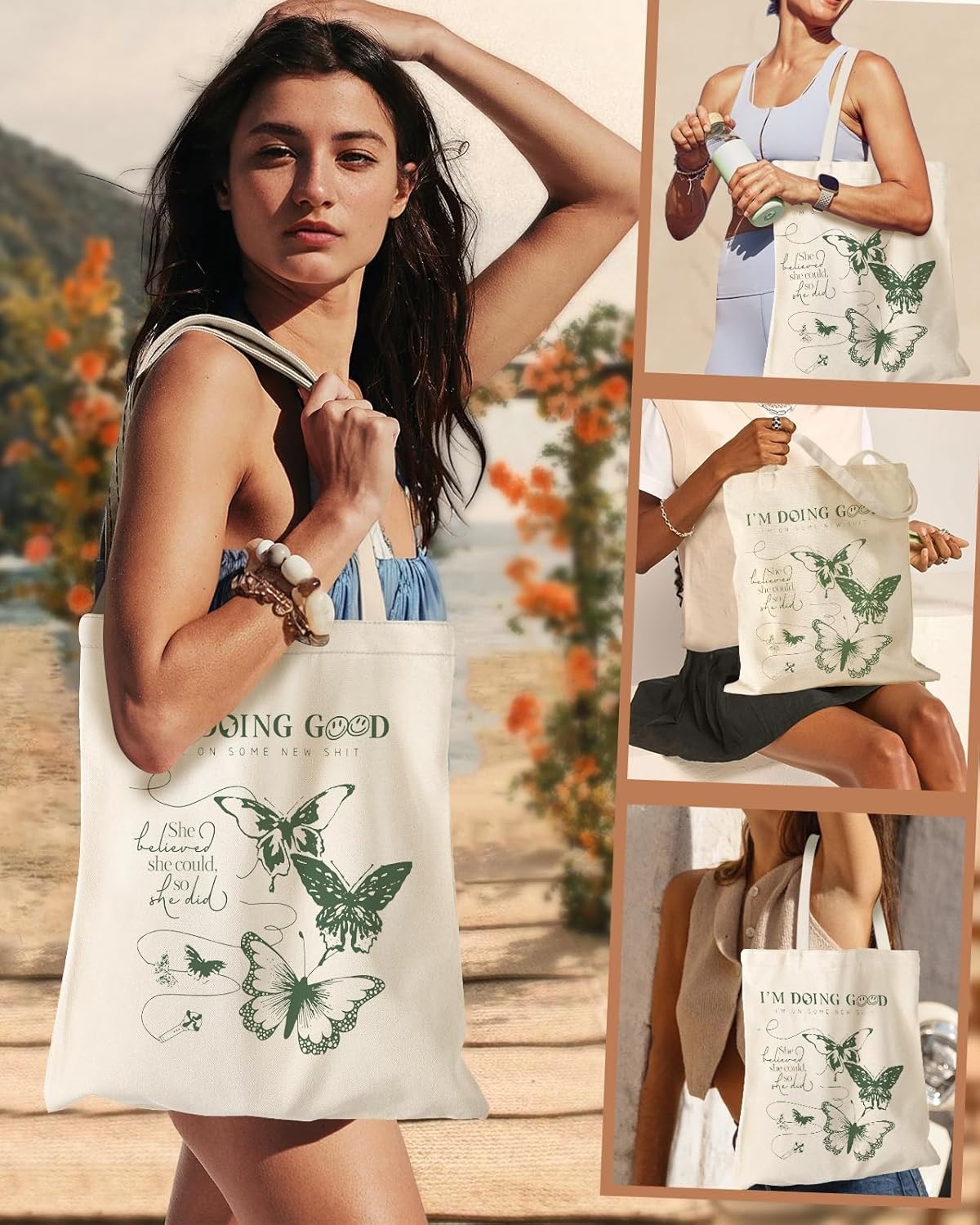 image:imageMiss Adola Aesthetic Canvas Tote Bag Reusable Shoulder Tote Bag for Women Lady Casual Vacation Shopping Work GymButterfly Verse