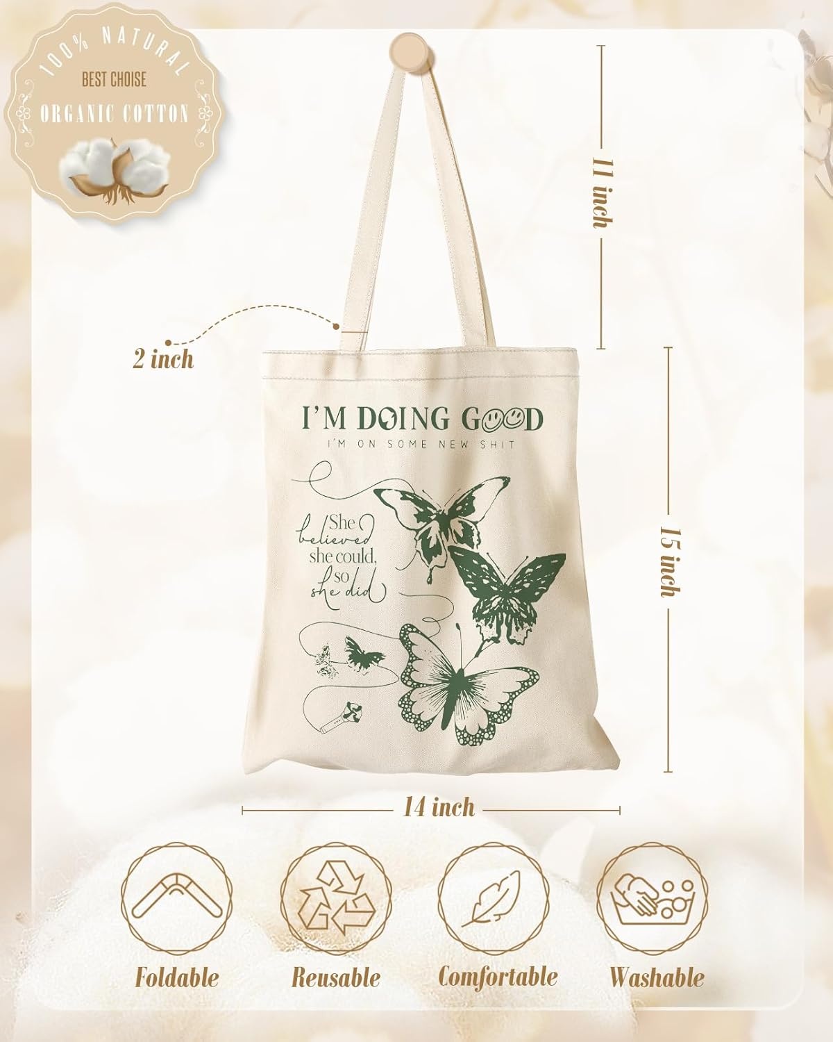 image:imageMiss Adola Aesthetic Canvas Tote Bag Reusable Shoulder Tote Bag for Women Lady Casual Vacation Shopping Work GymButterfly Verse