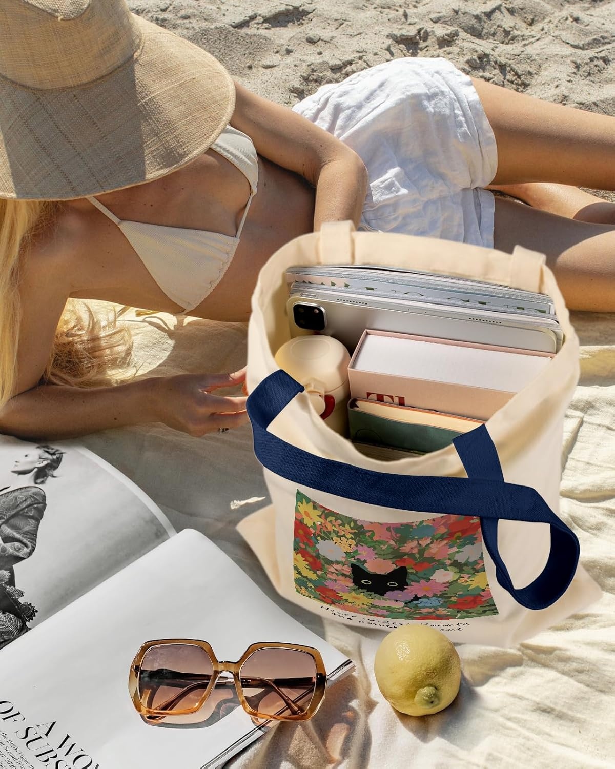 image:imageMiss Adola Aesthetic Canvas Tote Bag Reusable Shoulder Tote Bag for Women Lady Casual Vacation Shopping Work GymCat in Flower