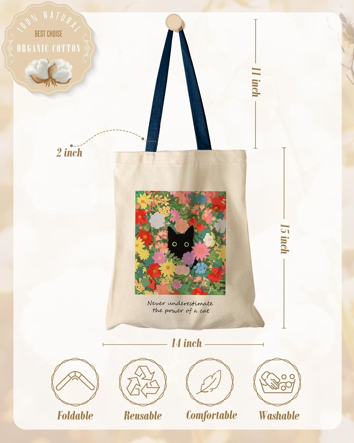 image:imageMiss Adola Aesthetic Canvas Tote Bag Reusable Shoulder Tote Bag for Women Lady Casual Vacation Shopping Work GymCat in Flower