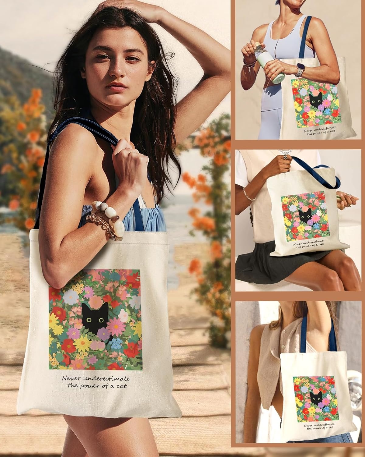 image:imageMiss Adola Aesthetic Canvas Tote Bag Reusable Shoulder Tote Bag for Women Lady Casual Vacation Shopping Work GymCat in Flower