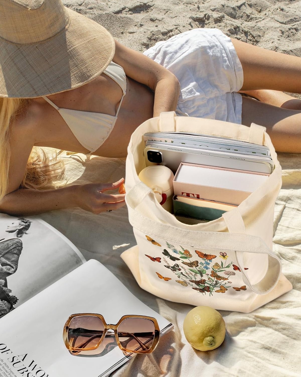 image:imageMiss Adola Aesthetic Canvas Tote Bag Reusable Shoulder Tote Bag for Women Lady Casual Vacation Shopping Work GymCaterpillars
