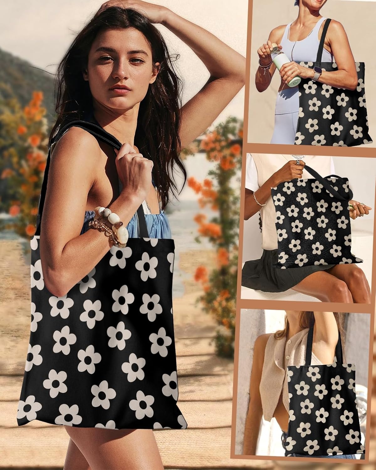 image:imageMiss Adola Aesthetic Canvas Tote Bag Reusable Shoulder Tote Bag for Women Lady Casual Vacation Shopping Work GymCute Flowers