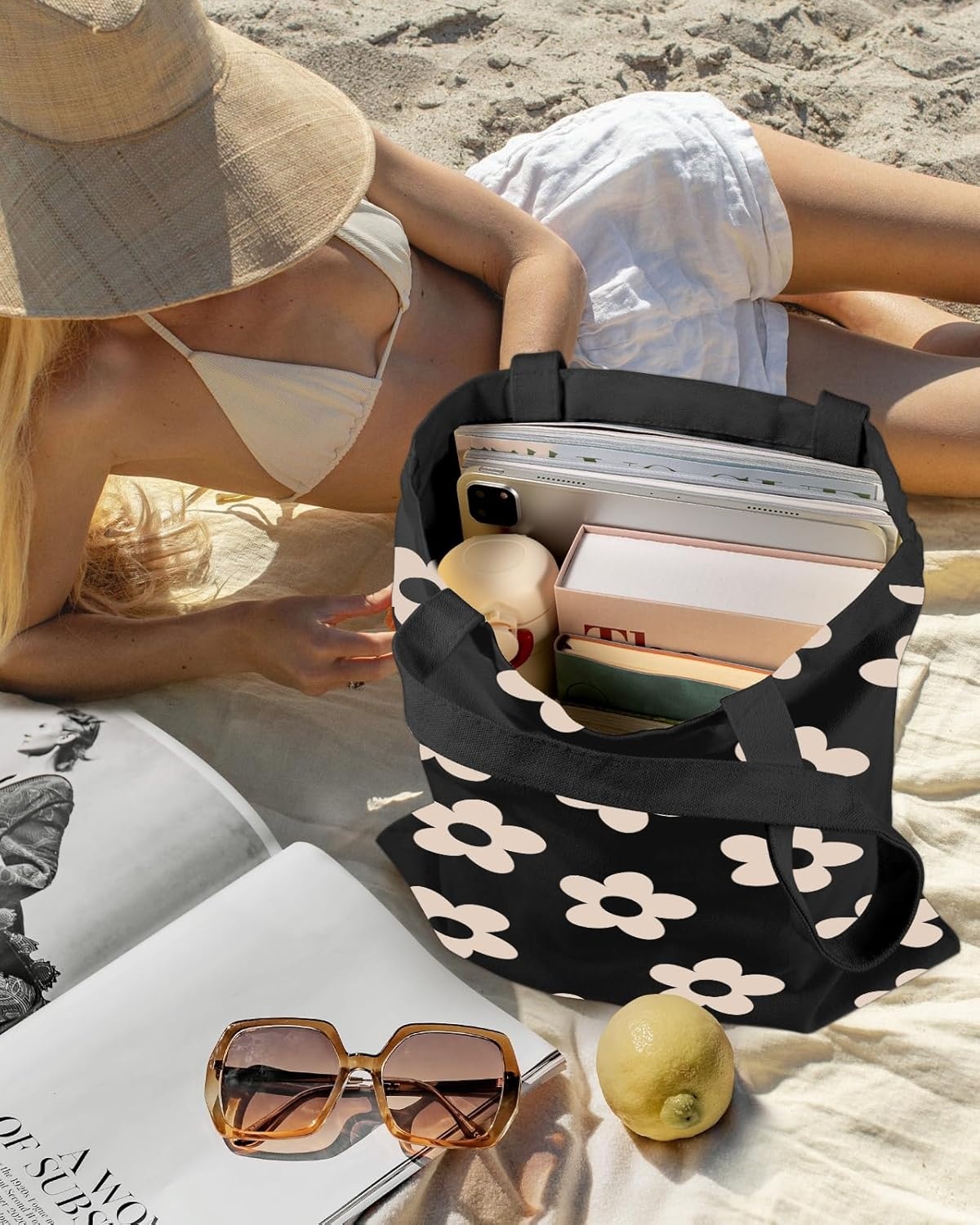 image:imageMiss Adola Aesthetic Canvas Tote Bag Reusable Shoulder Tote Bag for Women Lady Casual Vacation Shopping Work GymCute Flowers