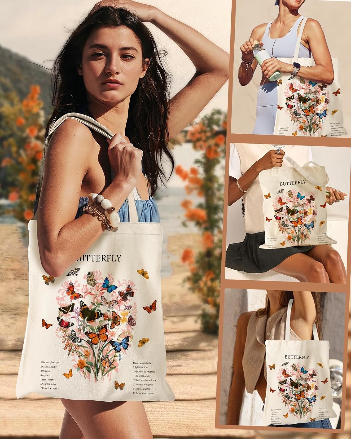 image:imageMiss Adola Aesthetic Canvas Tote Bag Reusable Shoulder Tote Bag for Women Lady Casual Vacation Shopping Work GymElegant Butterfly