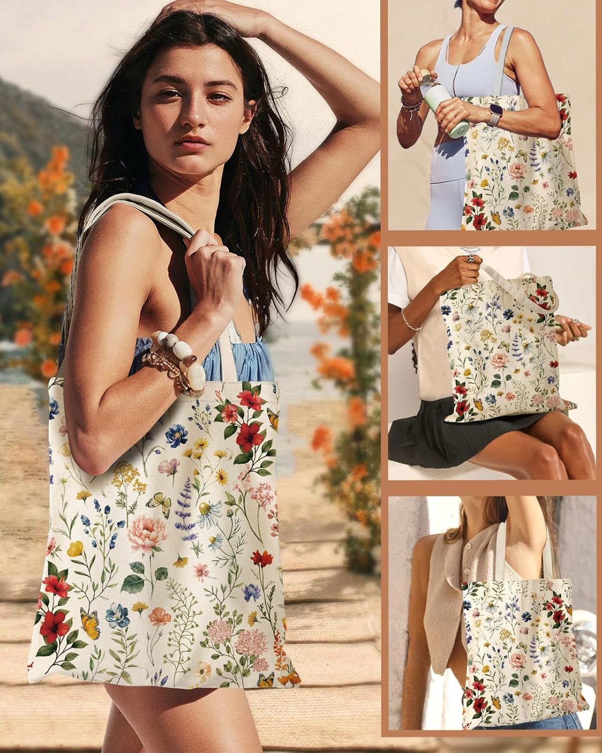 image:imageMiss Adola Aesthetic Canvas Tote Bag Reusable Shoulder Tote Bag for Women Lady Casual Vacation Shopping Work GymFlowering Shrub