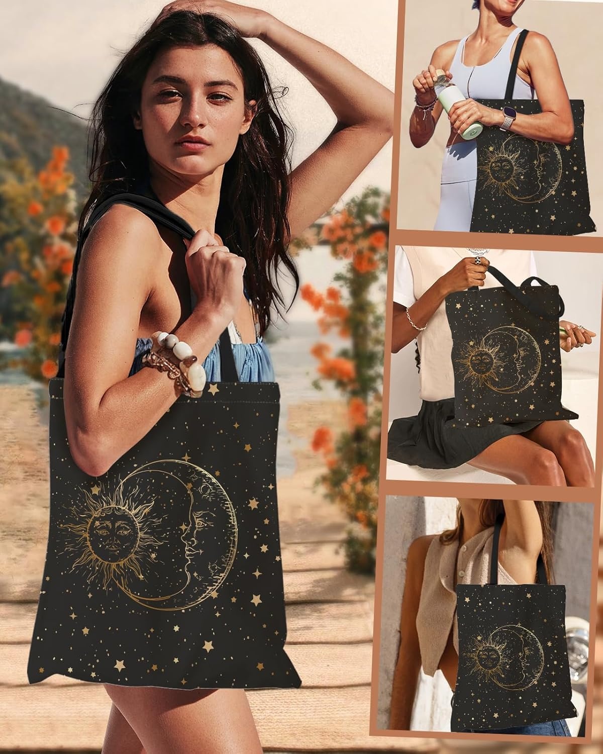 image:imageMiss Adola Aesthetic Canvas Tote Bag Reusable Shoulder Tote Bag for Women Lady Casual Vacation Shopping Work GymMoon Star