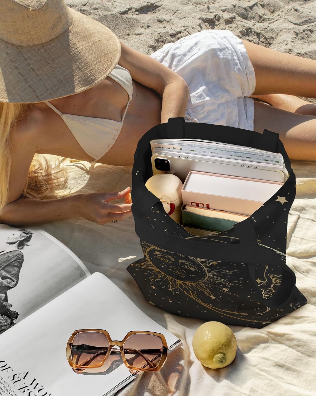 image:imageMiss Adola Aesthetic Canvas Tote Bag Reusable Shoulder Tote Bag for Women Lady Casual Vacation Shopping Work GymMoon Star