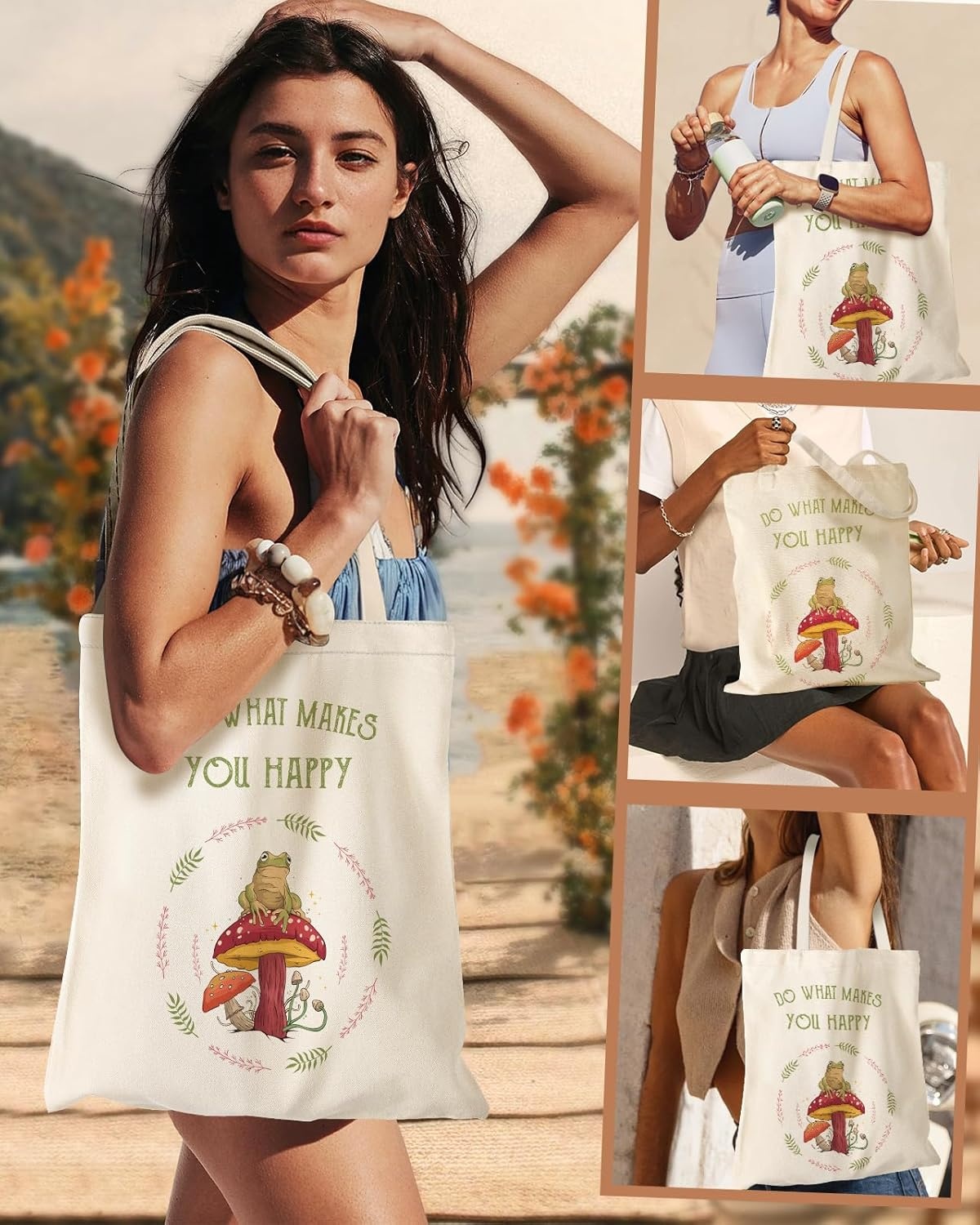 image:imageMiss Adola Aesthetic Canvas Tote Bag Reusable Shoulder Tote Bag for Women Lady Casual Vacation Shopping Work GymMushroom Frog