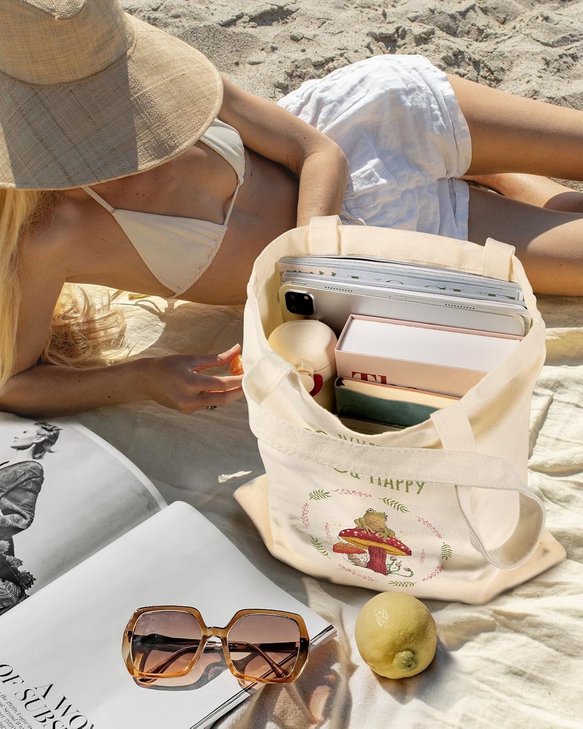 image:imageMiss Adola Aesthetic Canvas Tote Bag Reusable Shoulder Tote Bag for Women Lady Casual Vacation Shopping Work GymMushroom Frog