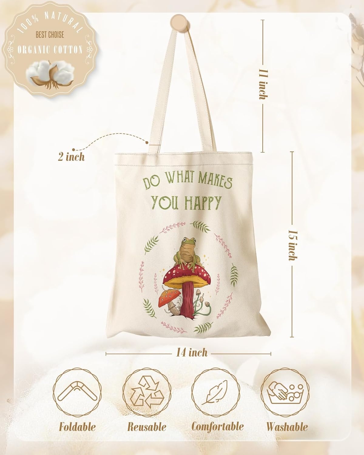 image:imageMiss Adola Aesthetic Canvas Tote Bag Reusable Shoulder Tote Bag for Women Lady Casual Vacation Shopping Work GymMushroom Frog