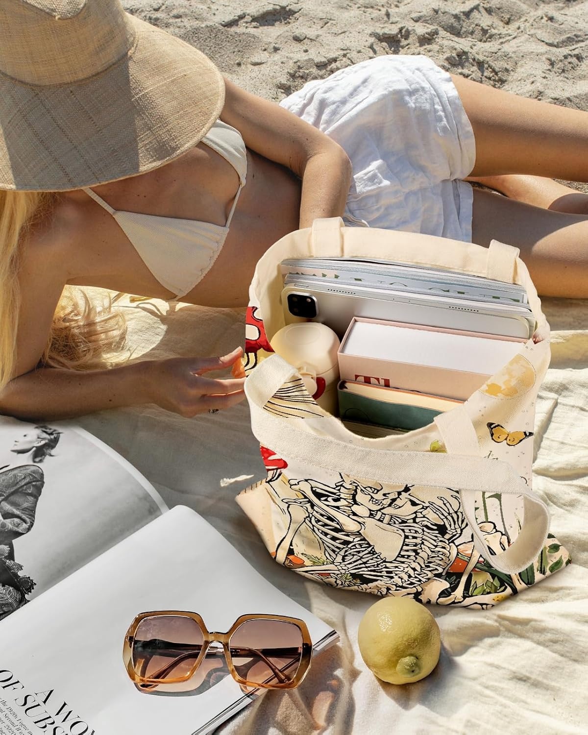 image:imageMiss Adola Aesthetic Canvas Tote Bag Reusable Shoulder Tote Bag for Women Lady Casual Vacation Shopping Work GymMushroom Skeleton