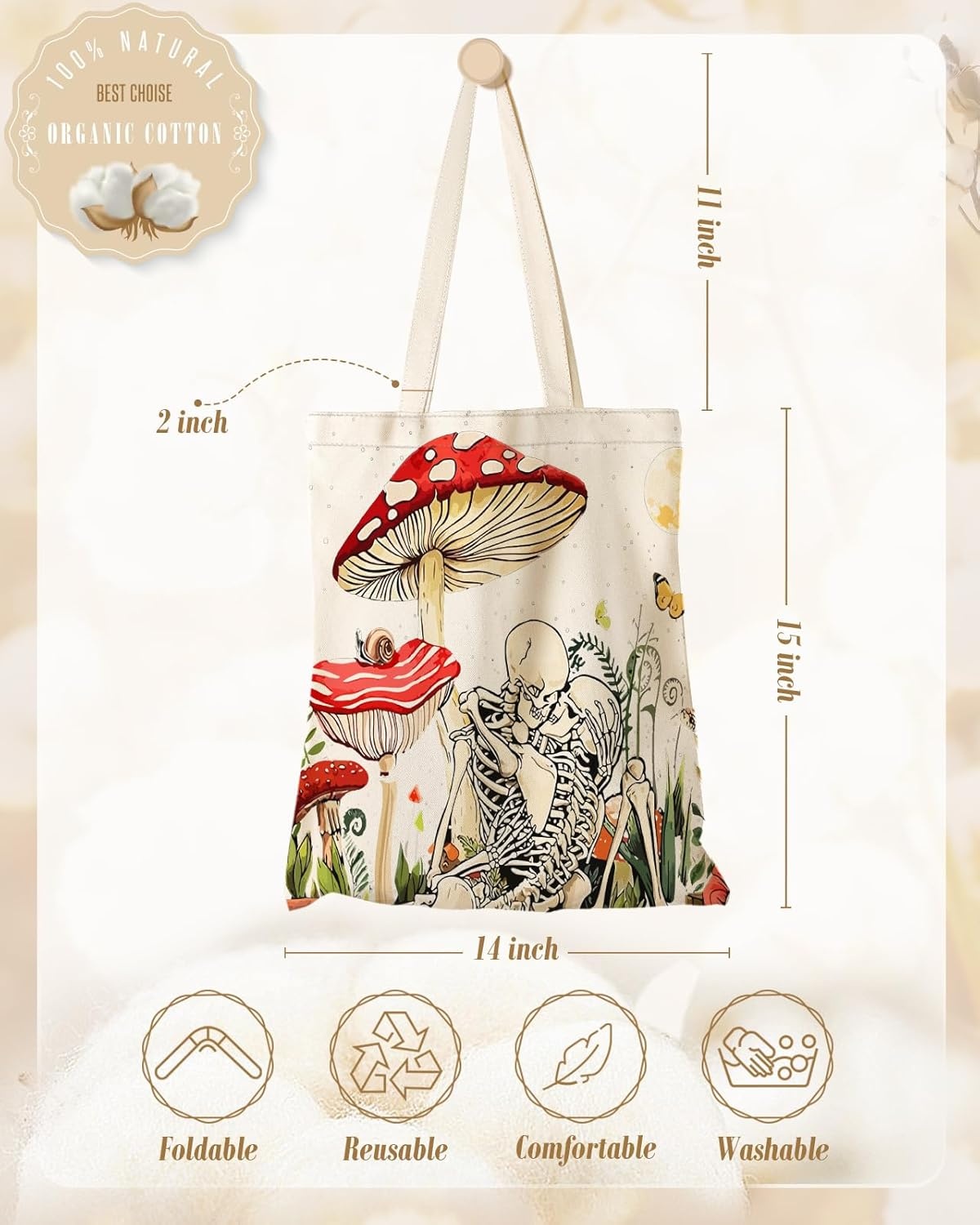 image:imageMiss Adola Aesthetic Canvas Tote Bag Reusable Shoulder Tote Bag for Women Lady Casual Vacation Shopping Work GymMushroom Skeleton