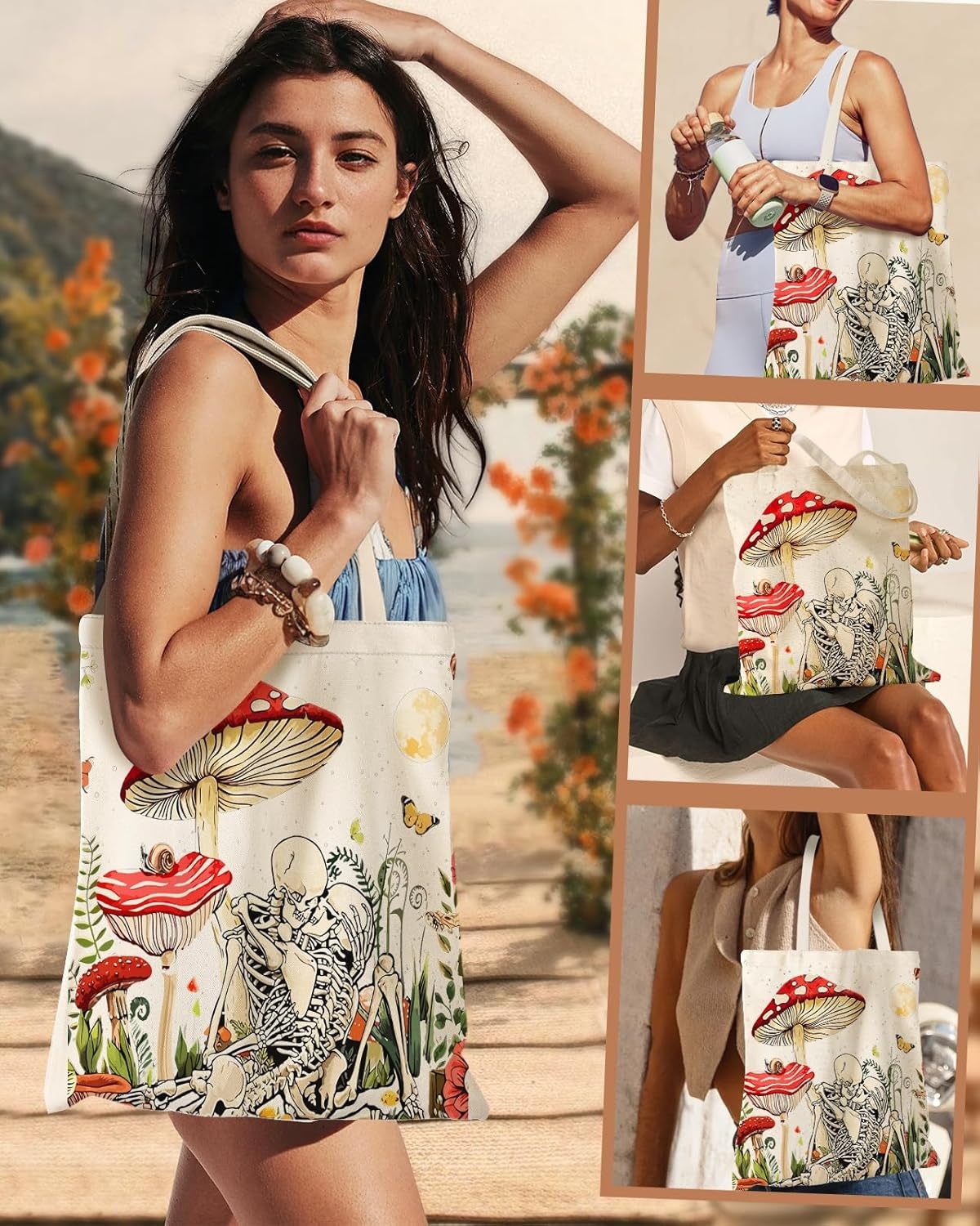 image:imageMiss Adola Aesthetic Canvas Tote Bag Reusable Shoulder Tote Bag for Women Lady Casual Vacation Shopping Work GymMushroom Skeleton