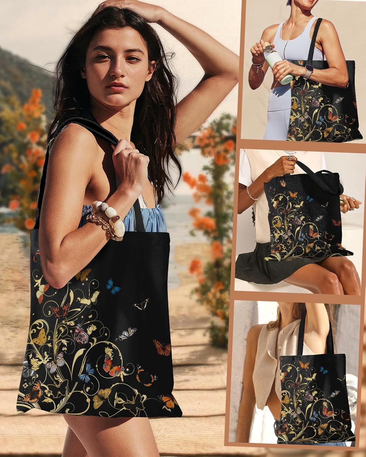 image:imageMiss Adola Aesthetic Canvas Tote Bag Reusable Shoulder Tote Bag for Women Lady Casual Vacation Shopping Work GymVine Butterflies