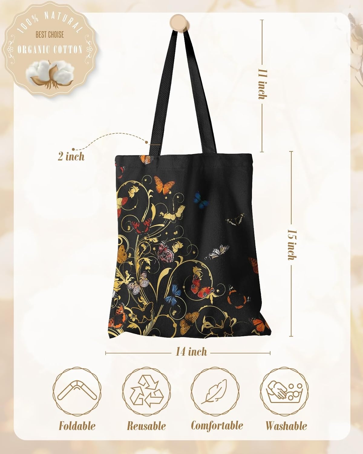 image:imageMiss Adola Aesthetic Canvas Tote Bag Reusable Shoulder Tote Bag for Women Lady Casual Vacation Shopping Work GymVine Butterflies