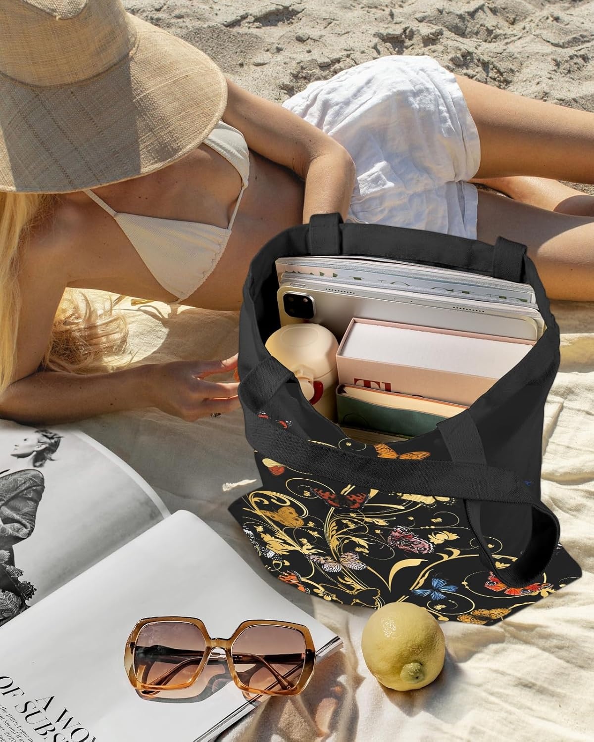 image:imageMiss Adola Aesthetic Canvas Tote Bag Reusable Shoulder Tote Bag for Women Lady Casual Vacation Shopping Work GymVine Butterflies