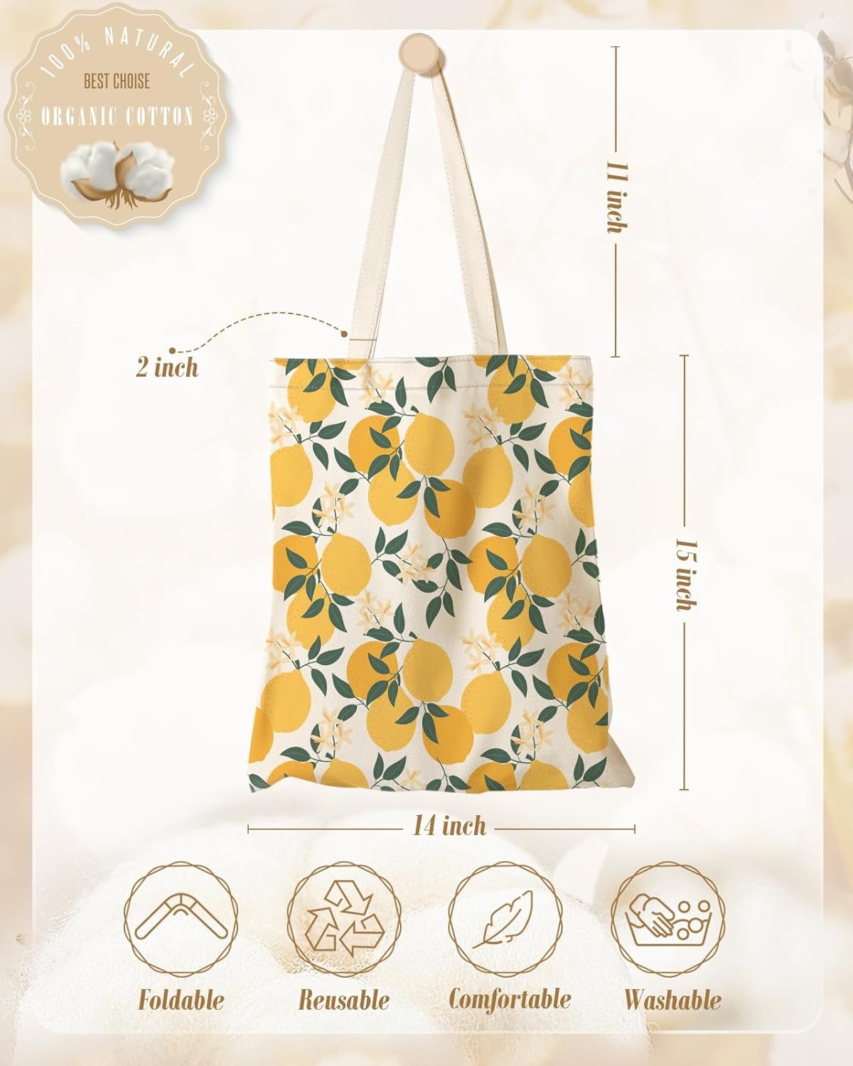image:imageMiss Adola Aesthetic Canvas Tote Bag for Women Sturdy Cloth Cotton Totes Bag with Pattern Shoulder Bag for Shopping Grocery Gym Lemon