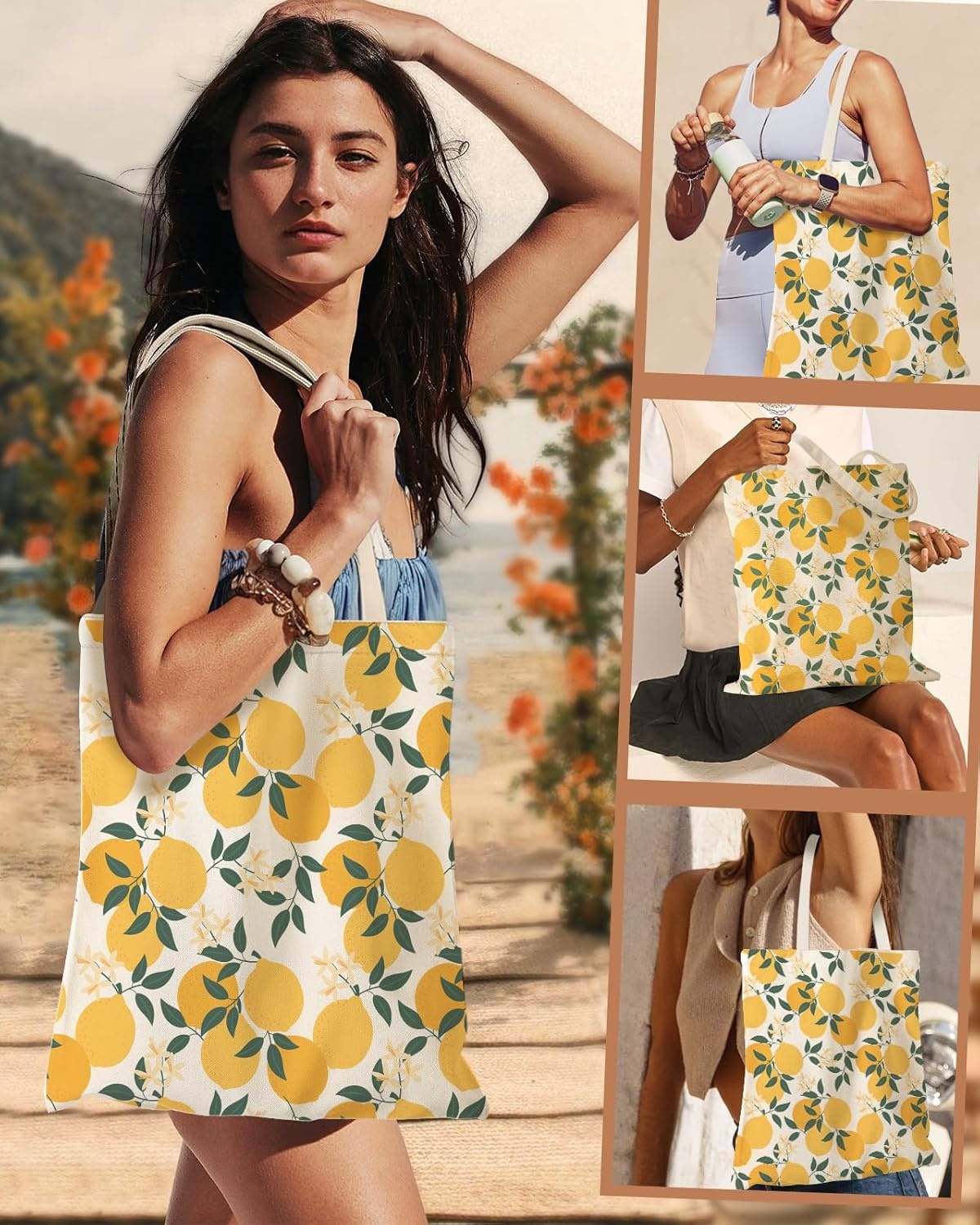 image:imageMiss Adola Aesthetic Canvas Tote Bag for Women Sturdy Cloth Cotton Totes Bag with Pattern Shoulder Bag for Shopping Grocery Gym Lemon