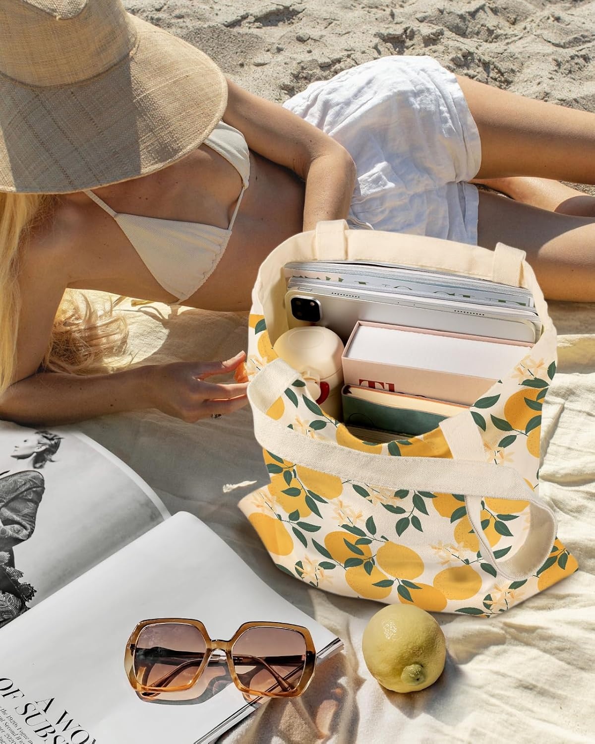image:imageMiss Adola Aesthetic Canvas Tote Bag for Women Sturdy Cloth Cotton Totes Bag with Pattern Shoulder Bag for Shopping Grocery Gym Lemon
