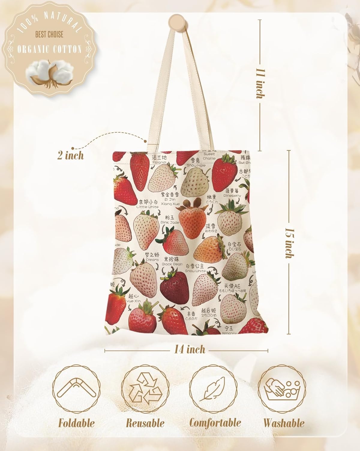 image:imageMiss Adola Aesthetic Canvas Tote Bag for Women Sturdy Cloth Cotton Totes Bag with Pattern Shoulder Bag for Shopping Grocery Gym Stawberry Type