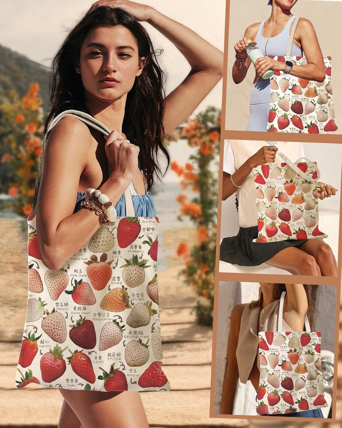 image:imageMiss Adola Aesthetic Canvas Tote Bag for Women Sturdy Cloth Cotton Totes Bag with Pattern Shoulder Bag for Shopping Grocery Gym Stawberry Type