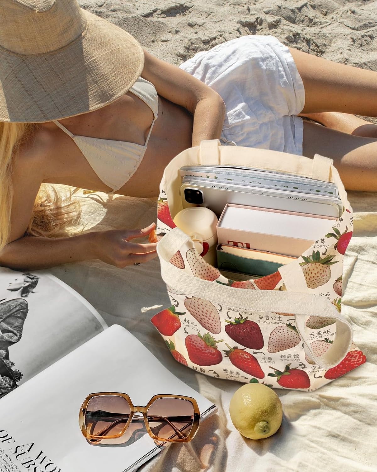 image:imageMiss Adola Aesthetic Canvas Tote Bag for Women Sturdy Cloth Cotton Totes Bag with Pattern Shoulder Bag for Shopping Grocery Gym Stawberry Type
