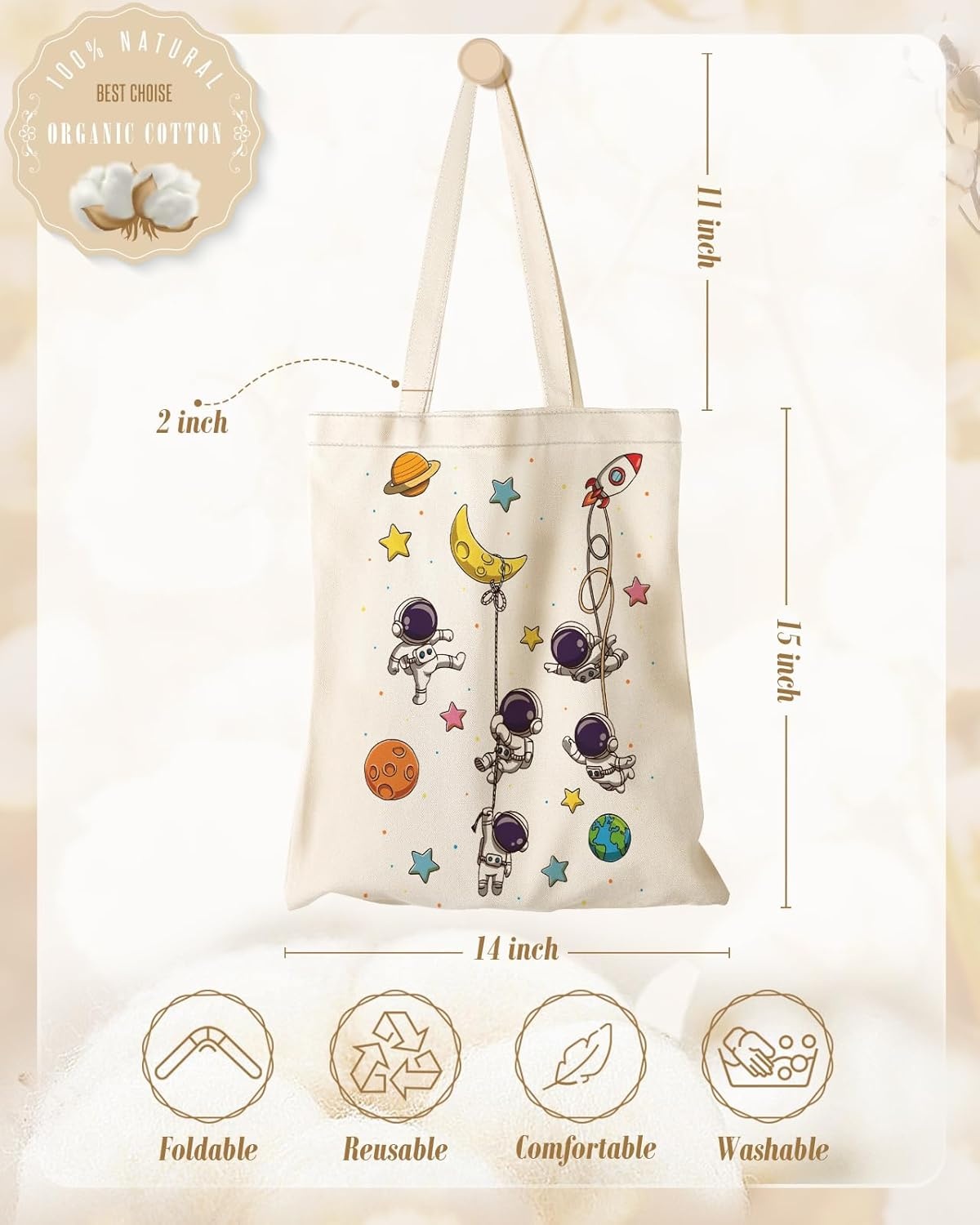image:imageMiss Adola Aesthetic Canvas Tote Bag for Women Sturdy Cloth Cotton Totes Bag with Pattern Shoulder BagAstronaut