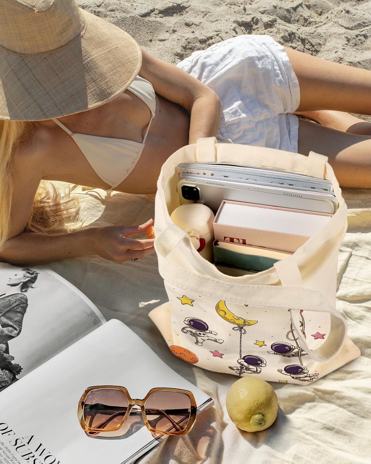image:imageMiss Adola Aesthetic Canvas Tote Bag for Women Sturdy Cloth Cotton Totes Bag with Pattern Shoulder BagAstronaut