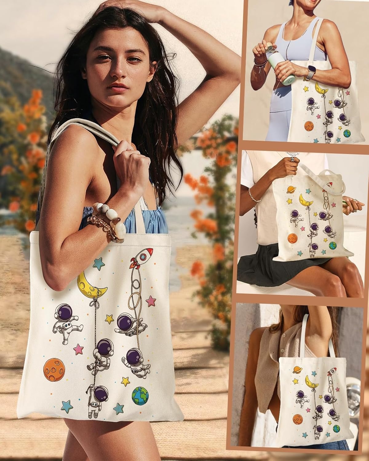 image:imageMiss Adola Aesthetic Canvas Tote Bag for Women Sturdy Cloth Cotton Totes Bag with Pattern Shoulder BagAstronaut