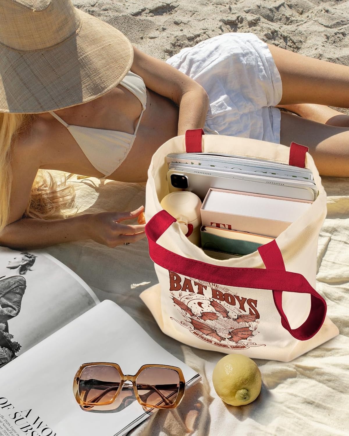 image:imageMiss Adola Aesthetic Canvas Tote Bag for Women Sturdy Cloth Cotton Totes Bag with Pattern Shoulder BagBat Boys