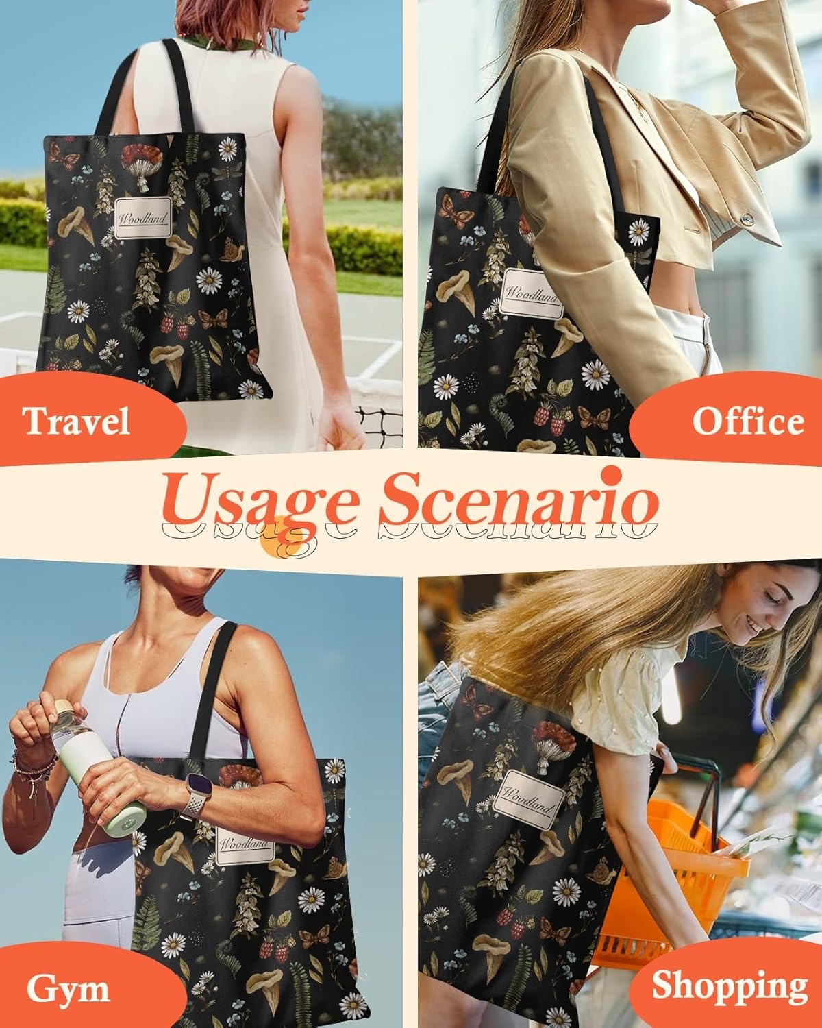 image:imageMiss Adola Aesthetic Canvas Tote Bag for Women Sturdy Cloth Cotton Totes Bag with Pattern Shoulder BagBlack Mushroom Plants