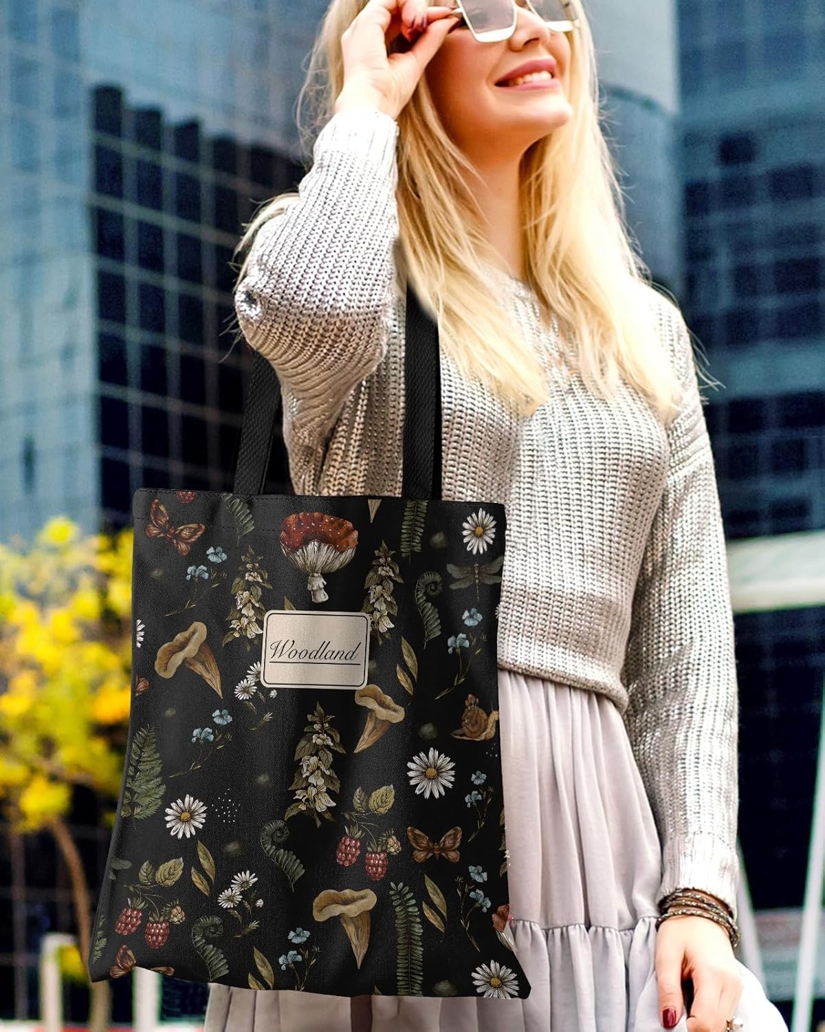image:imageMiss Adola Aesthetic Canvas Tote Bag for Women Sturdy Cloth Cotton Totes Bag with Pattern Shoulder BagBlack Mushroom Plants