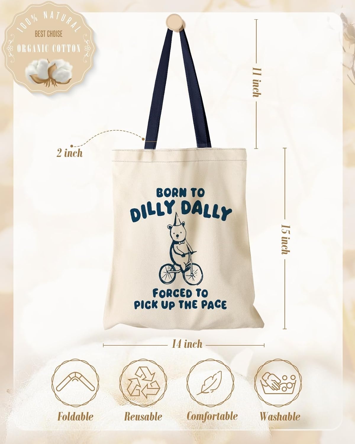 image:imageMiss Adola Aesthetic Canvas Tote Bag for Women Sturdy Cloth Cotton Totes Bag with Pattern Shoulder BagCycling Bear