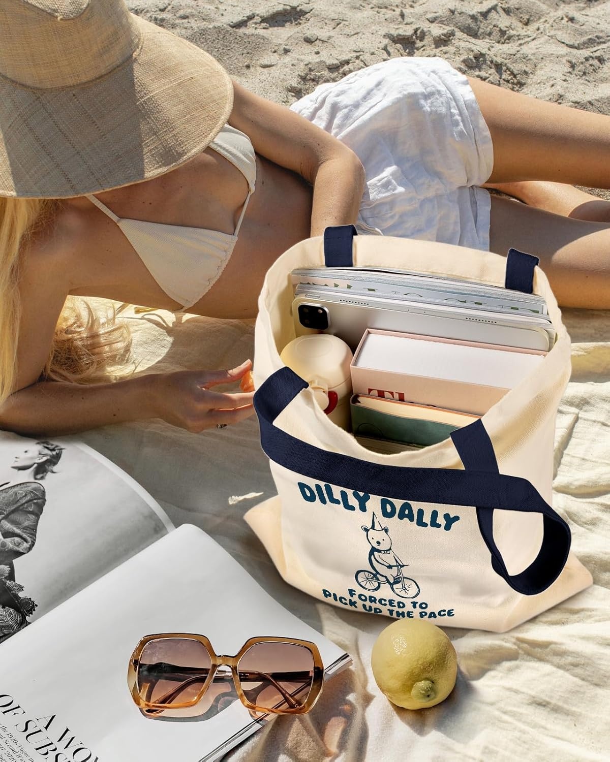 image:imageMiss Adola Aesthetic Canvas Tote Bag for Women Sturdy Cloth Cotton Totes Bag with Pattern Shoulder BagCycling Bear