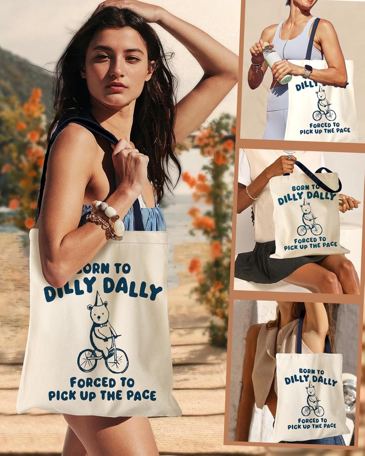 image:imageMiss Adola Aesthetic Canvas Tote Bag for Women Sturdy Cloth Cotton Totes Bag with Pattern Shoulder BagCycling Bear