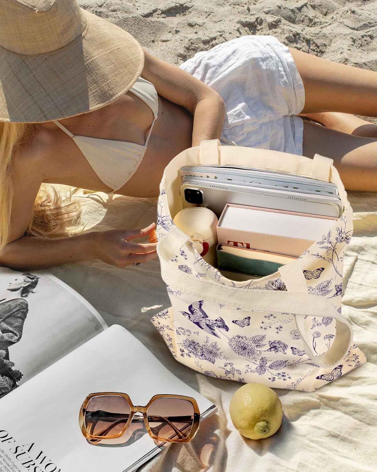 image:imageMiss Adola Aesthetic Canvas Tote Bag for Women Sturdy Cloth Cotton Totes Bag with Pattern Shoulder BagFlower Bird