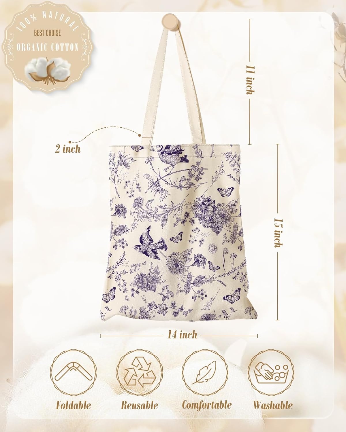 image:imageMiss Adola Aesthetic Canvas Tote Bag for Women Sturdy Cloth Cotton Totes Bag with Pattern Shoulder BagFlower Bird