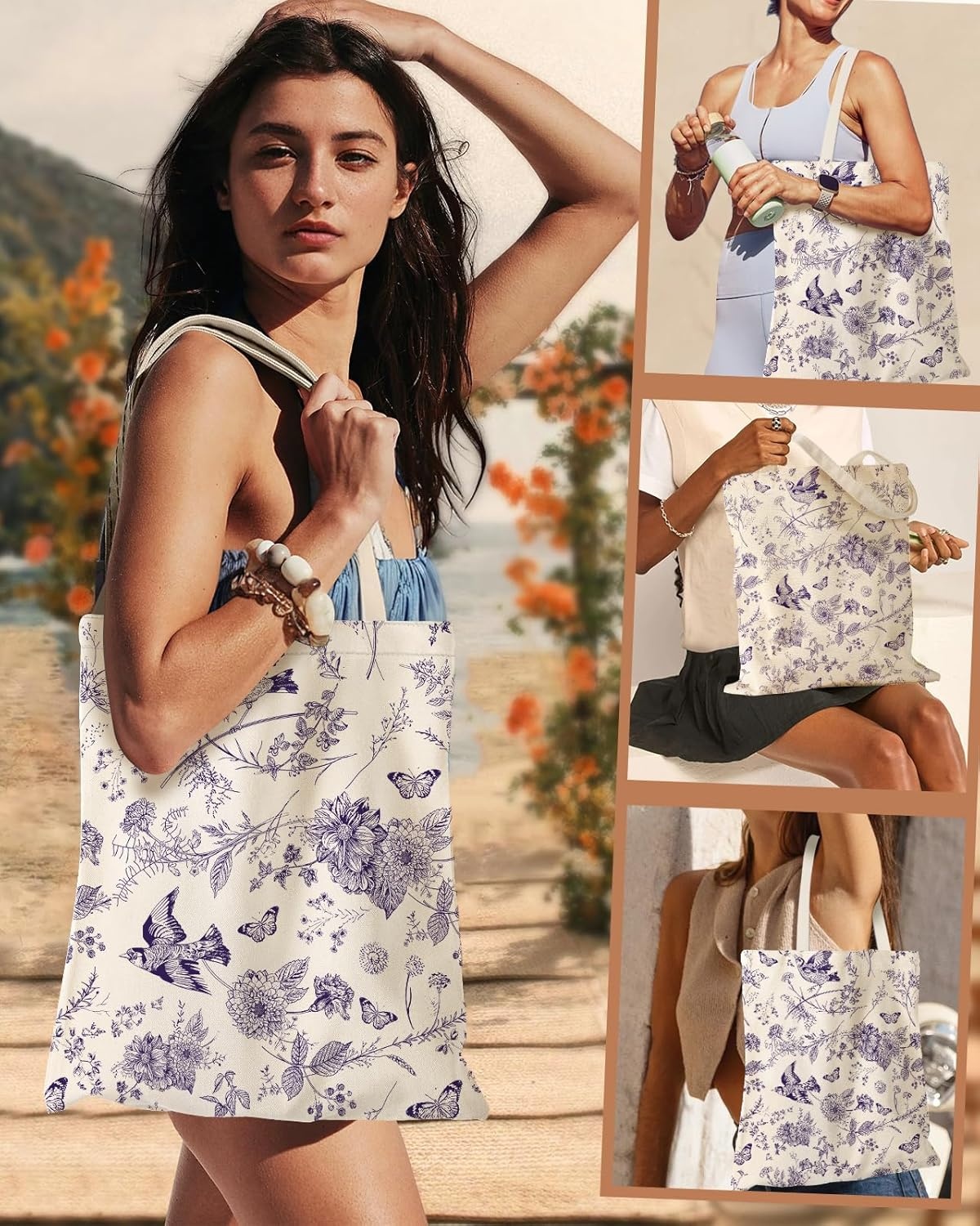 image:imageMiss Adola Aesthetic Canvas Tote Bag for Women Sturdy Cloth Cotton Totes Bag with Pattern Shoulder BagFlower Bird