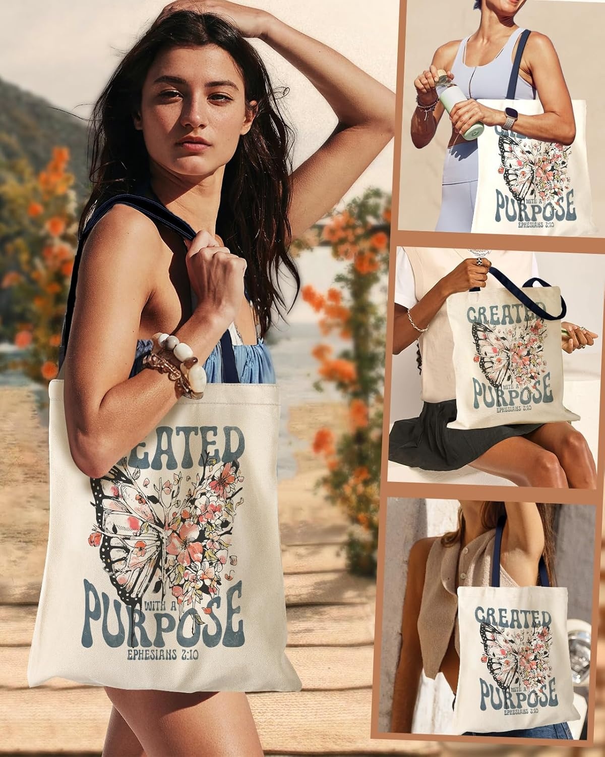 image:imageMiss Adola Aesthetic Canvas Tote Bag for Women Sturdy Cloth Cotton Totes Bag with Pattern Shoulder BagFlower Butterfly