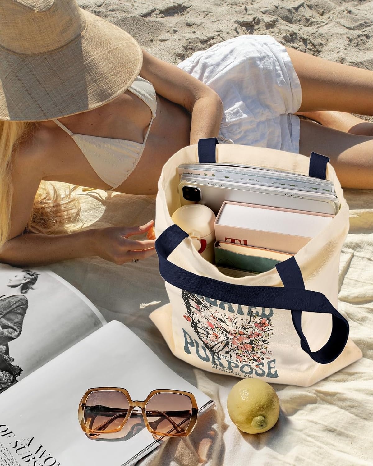 image:imageMiss Adola Aesthetic Canvas Tote Bag for Women Sturdy Cloth Cotton Totes Bag with Pattern Shoulder BagFlower Butterfly