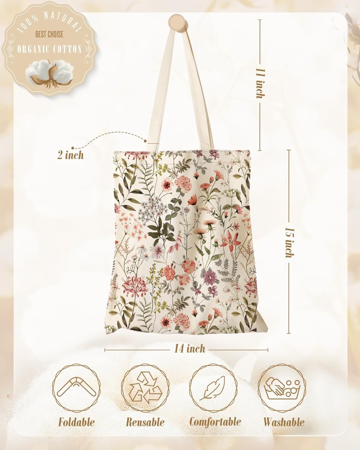 image:imageMiss Adola Aesthetic Canvas Tote Bag for Women Sturdy Cloth Cotton Totes Bag with Pattern Shoulder BagFlower Floral