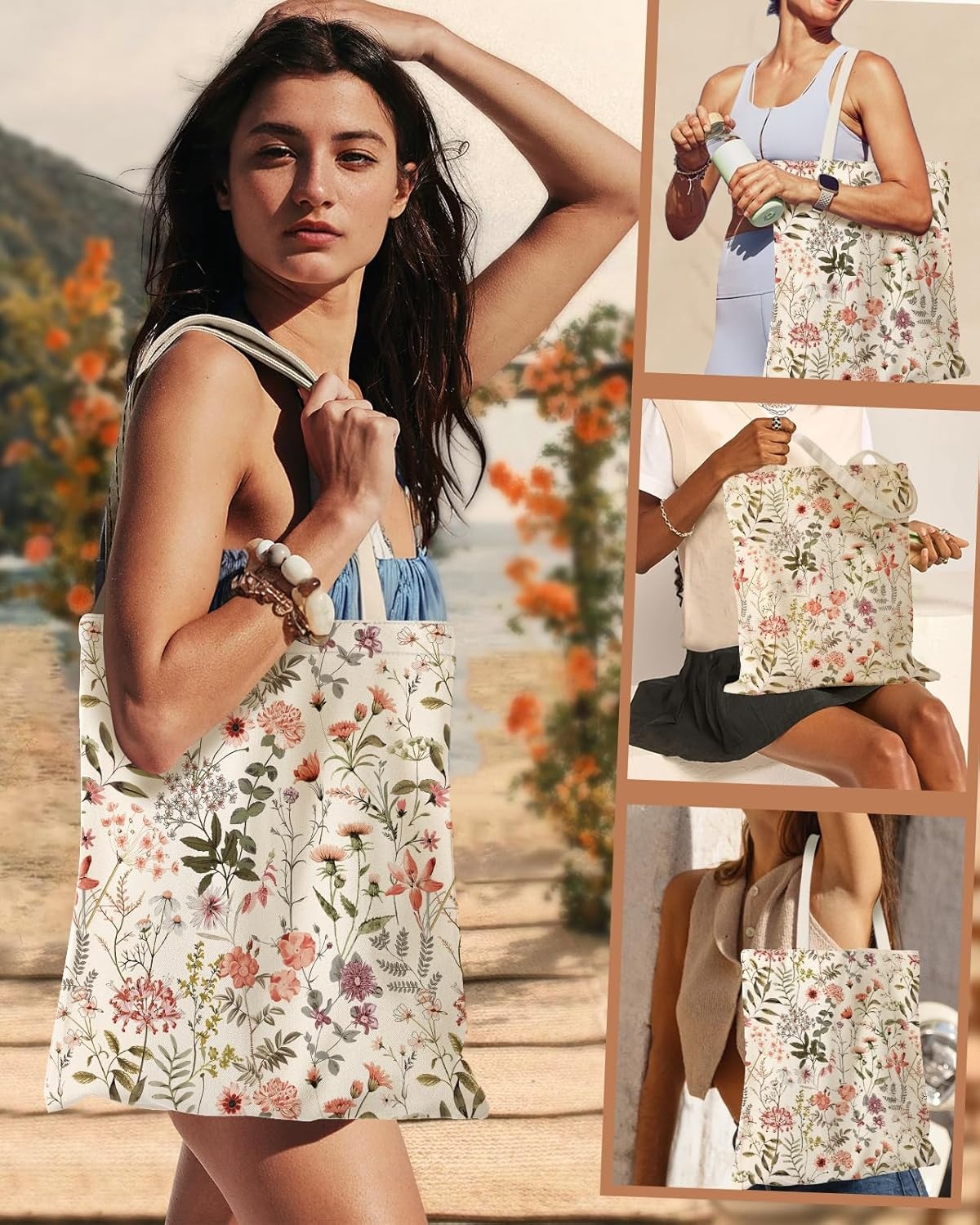 image:imageMiss Adola Aesthetic Canvas Tote Bag for Women Sturdy Cloth Cotton Totes Bag with Pattern Shoulder BagFlower Floral