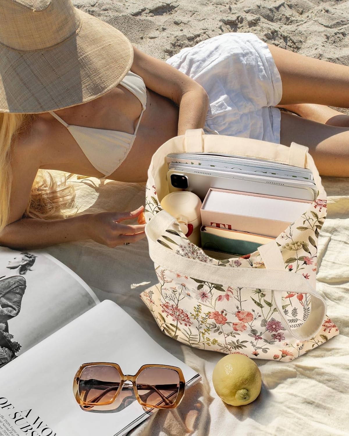 image:imageMiss Adola Aesthetic Canvas Tote Bag for Women Sturdy Cloth Cotton Totes Bag with Pattern Shoulder BagFlower Floral
