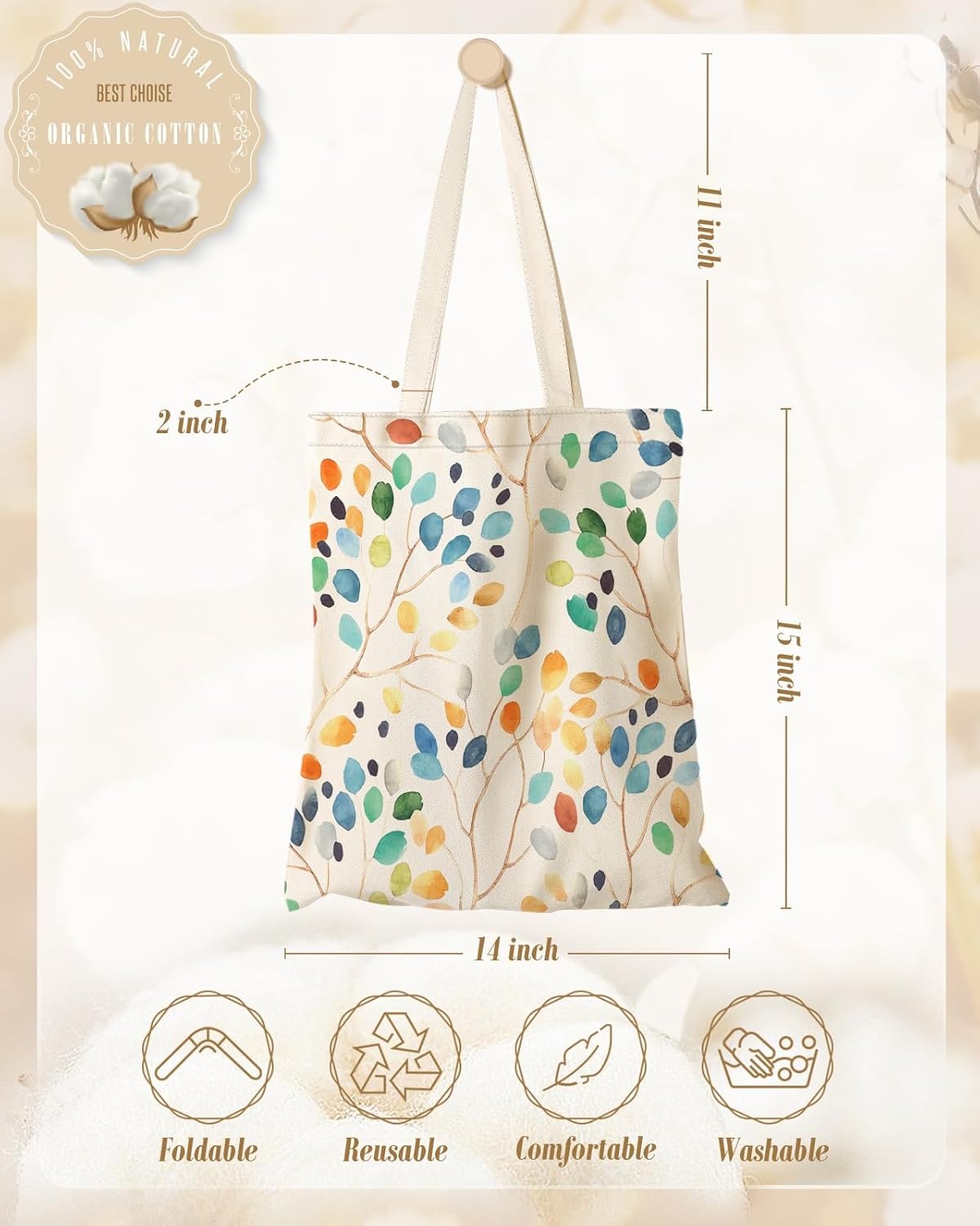 image:imageMiss Adola Aesthetic Canvas Tote Bag for Women Sturdy Cloth Cotton Totes Bag with Pattern Shoulder BagLeaves