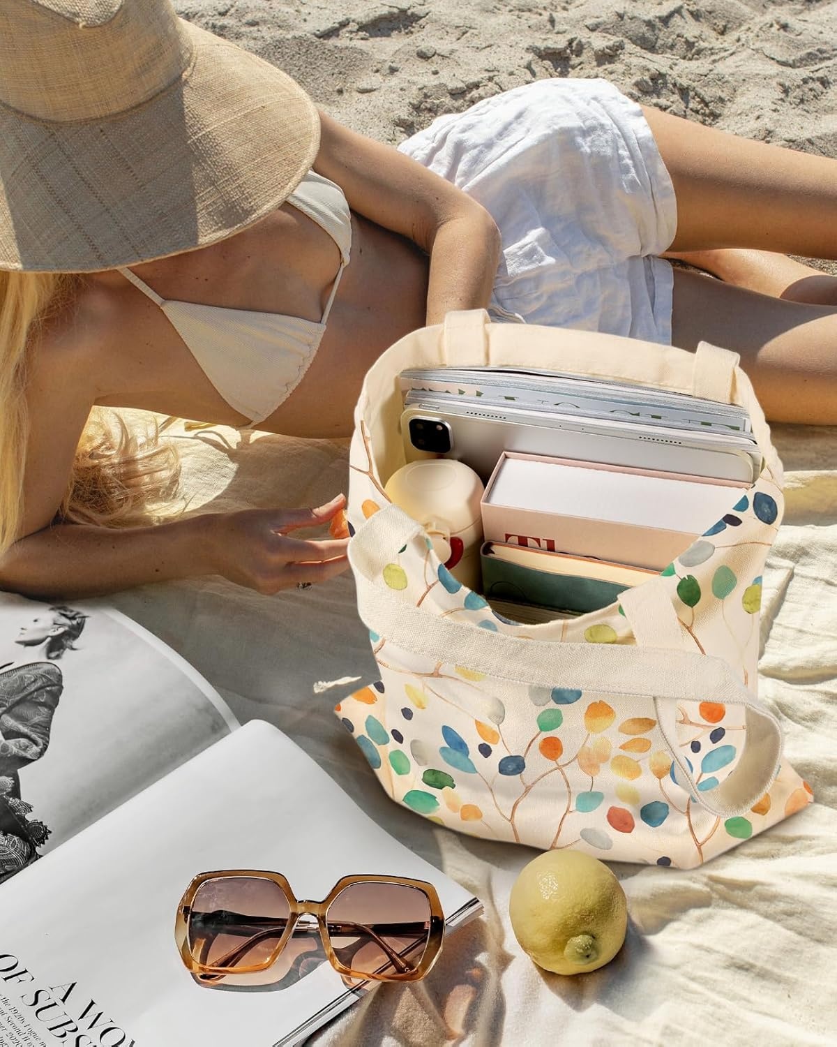 image:imageMiss Adola Aesthetic Canvas Tote Bag for Women Sturdy Cloth Cotton Totes Bag with Pattern Shoulder BagLeaves